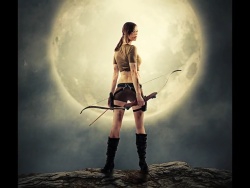 Photoshop合成月亮下拿着弓箭的女战士场景