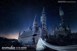 Photoshop给城堡婚纱照片添加梦幻夜景星空背景