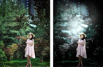 Photoshop打造古典暗青色树林人物图片