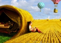 Photoshop合成靠在麦堆傍看书的小女孩