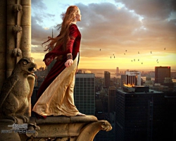 Photoshop合成在阳台眺望城市美景的美女