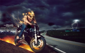 Photoshop合成公路上狂飙的火焰骑士