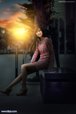Photoshop给板凳美女人像添加夕阳美景效果