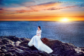 Photoshop给海边新娘照片添加夕阳美景效果