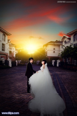 Photoshop给外景婚纱照片添加夕阳美景
