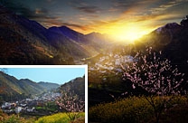 Photoshop给春季山村图片加上唯美的晨曦