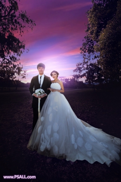 Photoshop给外景婚片添加唯美的夕阳背景效果