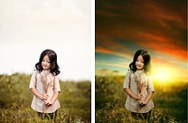 Photoshop给郊外的女孩照片加上青黄色霞光