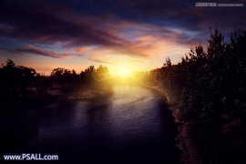 Photoshop把河流外景照片添加唯美夕阳景色