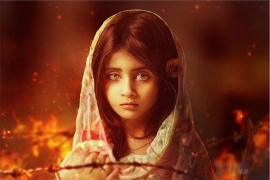 Photoshop制作火焰中忧伤的女孩海报