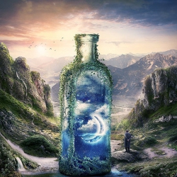 Photoshop合成山谷中爬满藤蔓的瓶子