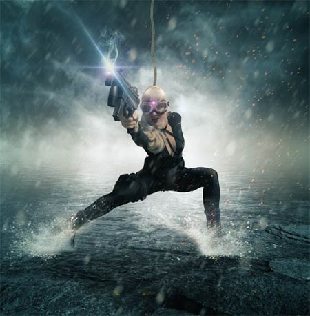 photoshop合成在雨夜中在水中战斗的光电女枪手 16素材网