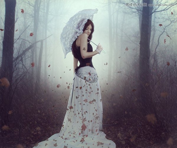 Photoshop合成森林中正在漫步的打伞女孩