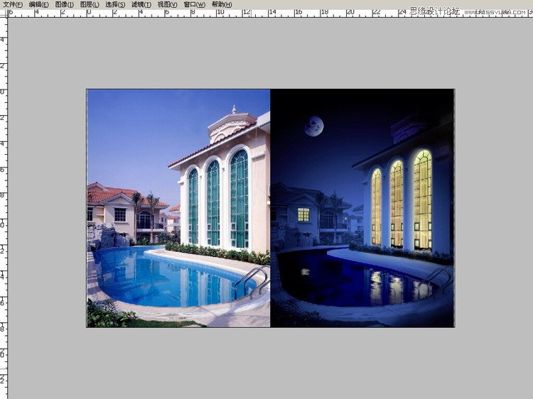 Photoshop把建筑照片调成逼真的夜景效果,PS教程,思缘教程网