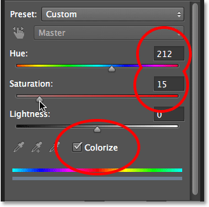 The Hue/Saturation options in the Properties panel in Photoshop CS6. Image © 2013 Photoshop Essentials.com