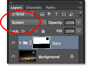 Changing the layer blend mode of the Stars group to Screen. Image © 2013 Photoshop Essentials.com