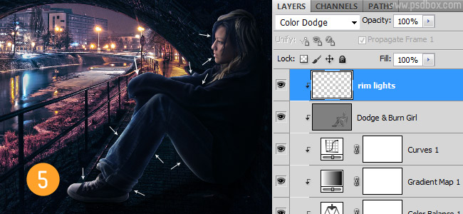 5 rim lights 在Photoshop中合成非常唯美的女孩与桥夜景图