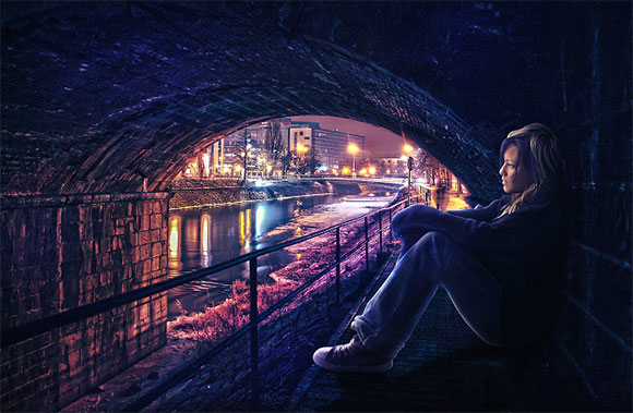 123 在Photoshop中合成非常唯美的女孩与桥夜景图