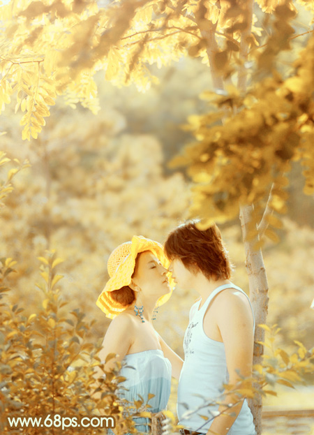 PS调出金黄色树林中的浪漫情侣照片