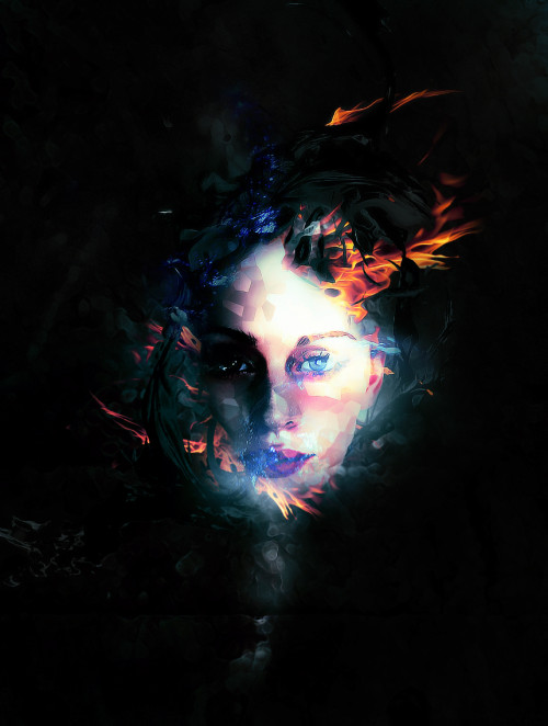 PS制作彩色火焰中的抽象女性头像图片