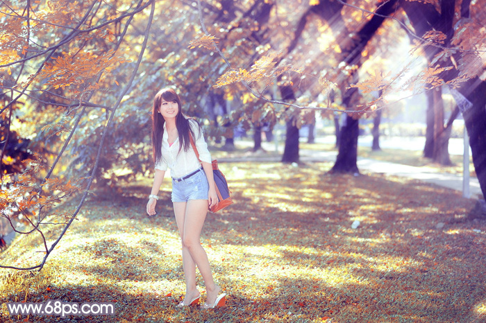 Photoshop打造唯美阳光下的秋季树林美女图片