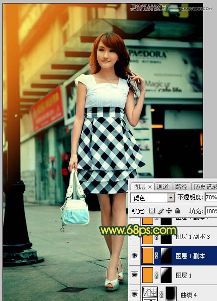 Photoshop给街道上行走女孩添加复古逆光效果,PS教程,素材中国