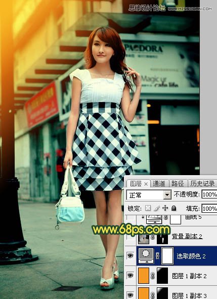 Photoshop给街道上行走女孩添加复古逆光效果,PS教程,素材中国