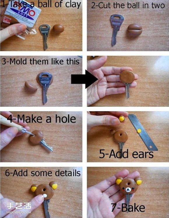 软陶小熊钥匙手柄DIY 卡通小熊钥匙粘土制作 -  