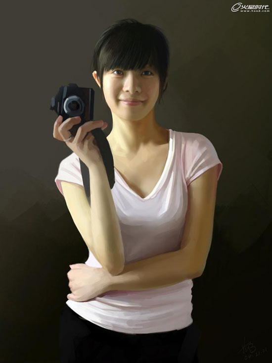 Photoshop鼠绘室内手拿相机的美女
