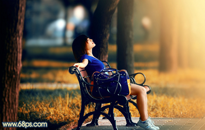 Photoshop给公园长椅上的美女加上唯美的晨曦暖色 三联