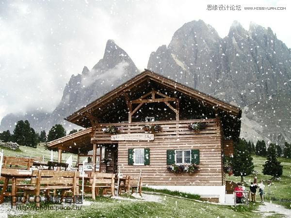 Photoshop给山间木屋添加冬季雪景效果,PS教程,素材中国