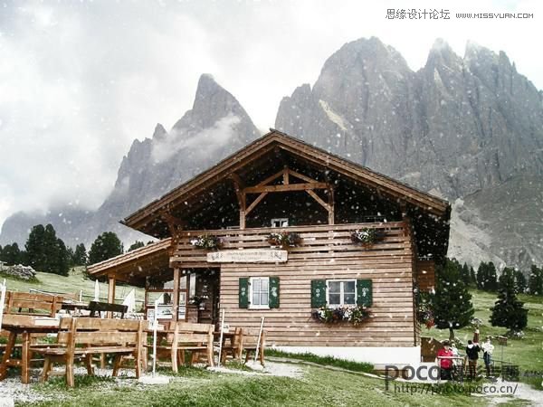 Photoshop给山间木屋添加冬季雪景效果,PS教程,素材中国