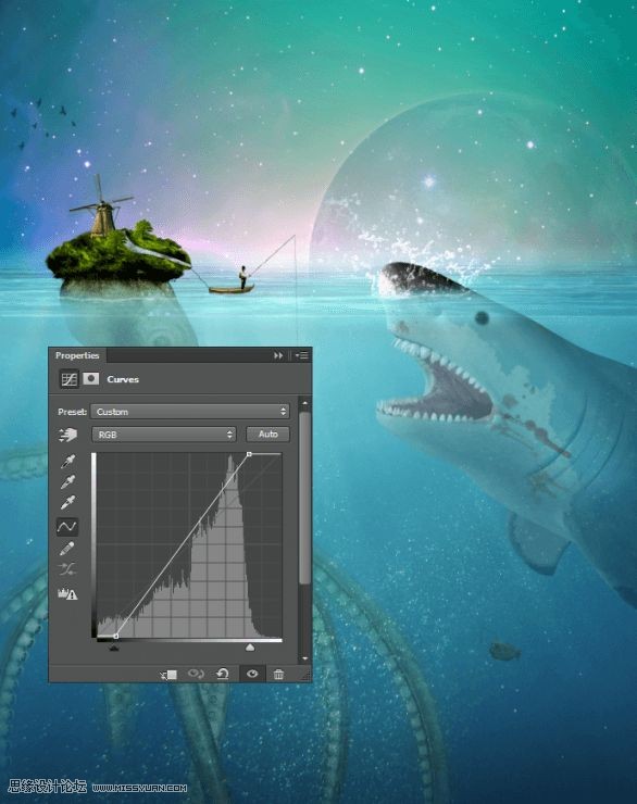 Photoshop合成章鱼岛渔夫出海钓鲨鱼教程,PS教程,素材中国