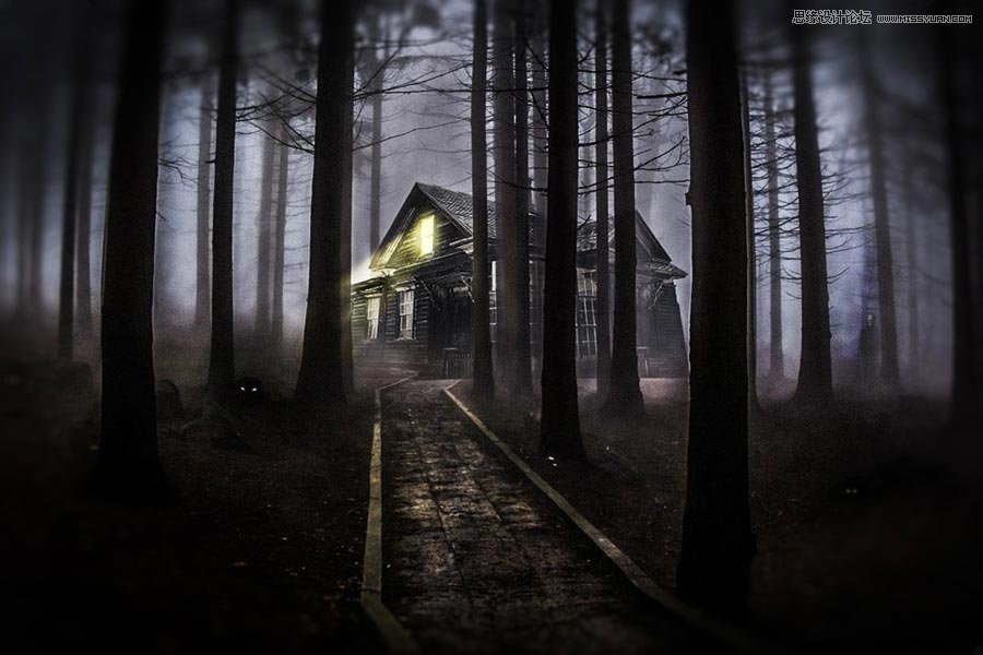 Photoshop合成森林中暗夜风格的小木屋