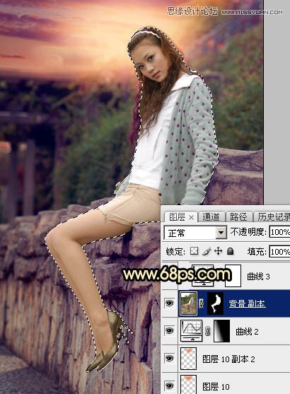 Photoshop给围墙边美女照片添加夕阳美景,PS教程,素材中国