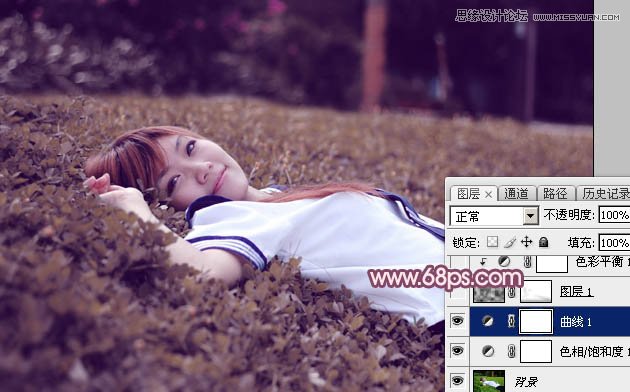 Photoshop调出草地女学生唯美紫色效果,PS教程,素材中国