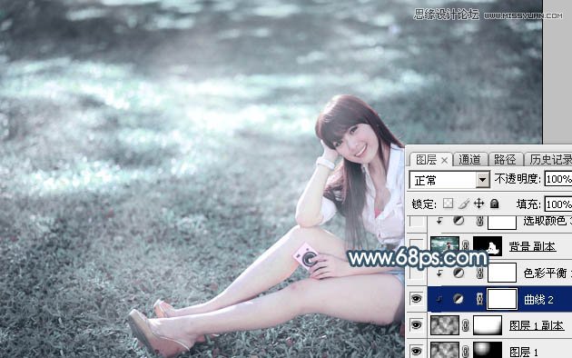 Photoshop调出草地女孩艺术蓝色调效果,PS教程,素材中国