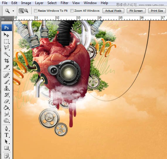 Photoshop合成创意抽象的机械心脏海报,PS教程,素材中国