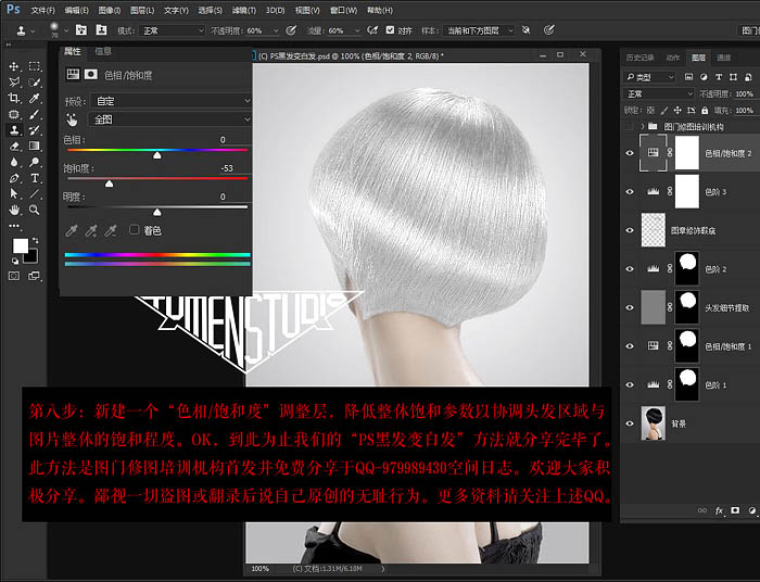 Photoshop快速把黑发变成高质感白发调色教程