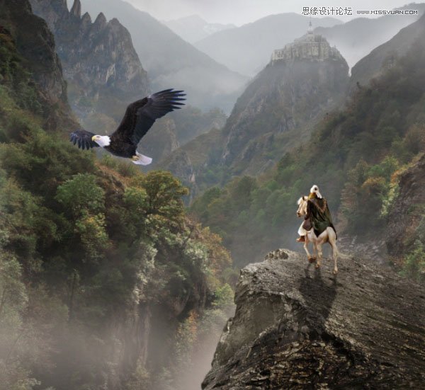 Photoshop合成在山谷中瞭望远方的骑士,PS教程,素材中国网