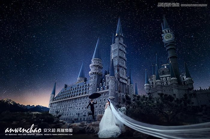 Photoshop给城堡婚纱照片添加梦幻夜景星空背景,PS教程,设计原