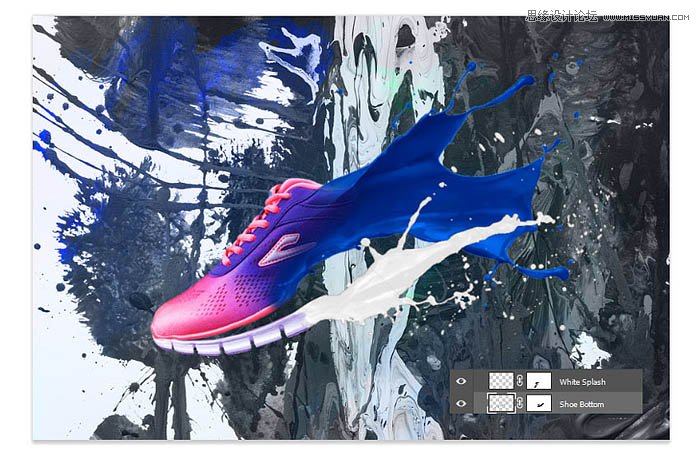 Photoshop设计喷溅牛奶装饰的运动鞋海报,PS教程,素材中国网