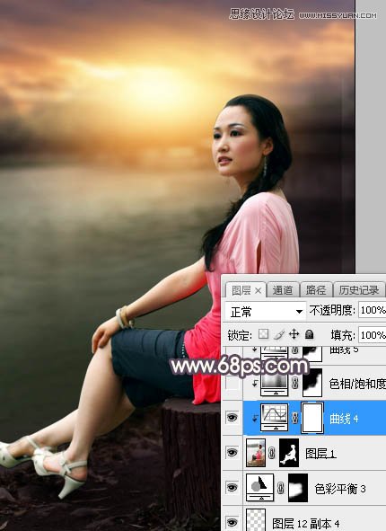 Photoshop给河边女孩照片添加夕阳美景效果,PS教程,素材中国网