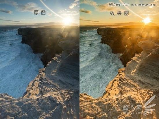 Photoshop给海岸日出照片添加暖黄色艺术效果,PS教程,素材中国网