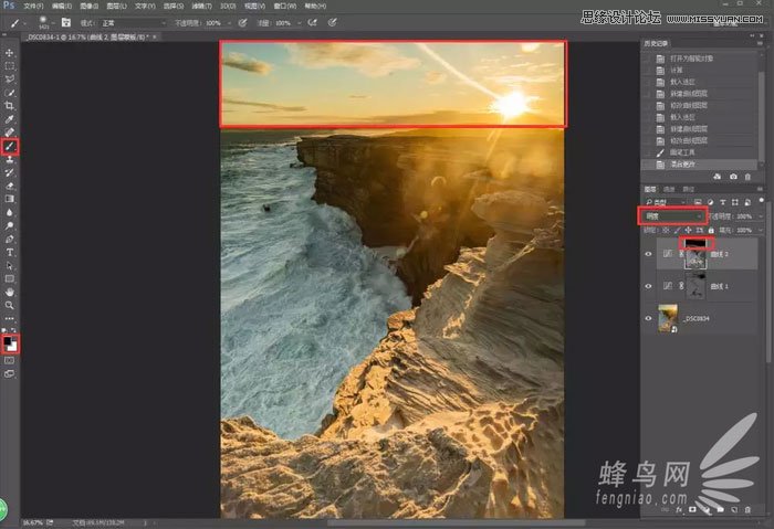 Photoshop给海岸日出照片添加暖黄色艺术效果,PS教程,素材中国网