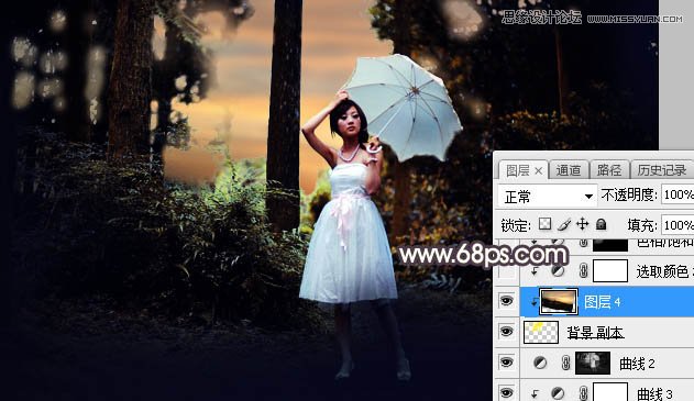 Photoshop给森林美女人像添加唯美夕阳景色,PS教程,素材中国网