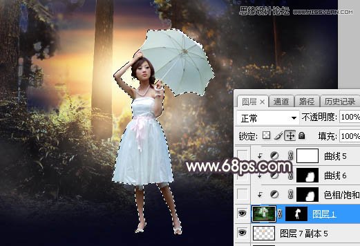 Photoshop给森林美女人像添加唯美夕阳景色,PS教程,素材中国网