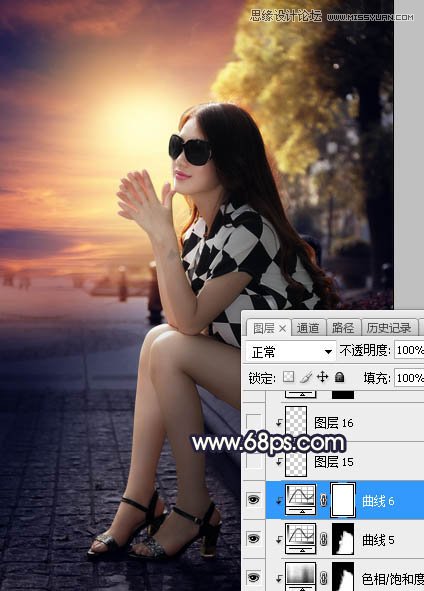 Photoshop给街头美女添加夕阳美景效果,PS教程,素材中国网