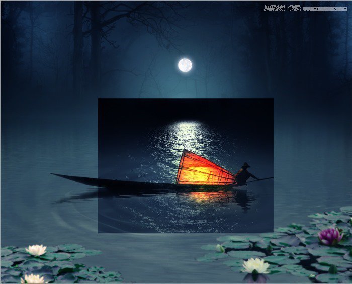 Photoshop合成月色下的江上渔船灯火场景,PS教程,素材中国网