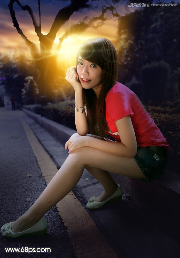 Photoshop给马路边上美女添加夕阳美景效果,PS教程,素材中国网